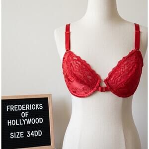 Vintage Fredericks of Hollywood 34DD Bra Red Lace Satin Second Skin Unlined